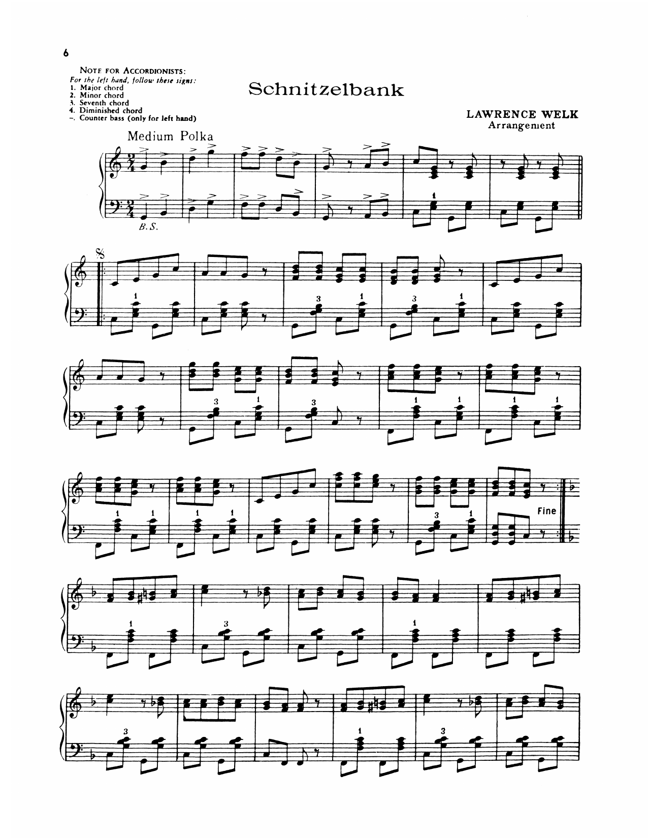 Lawrence Welk Schnitzelbank sheet music notes and chords arranged for Piano Solo