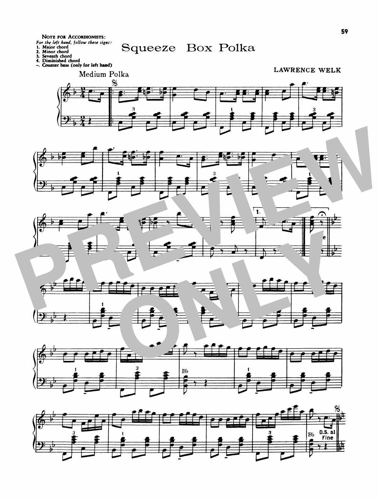 Lawrence Welk Squeeze Box Polka sheet music notes and chords arranged for Piano Solo
