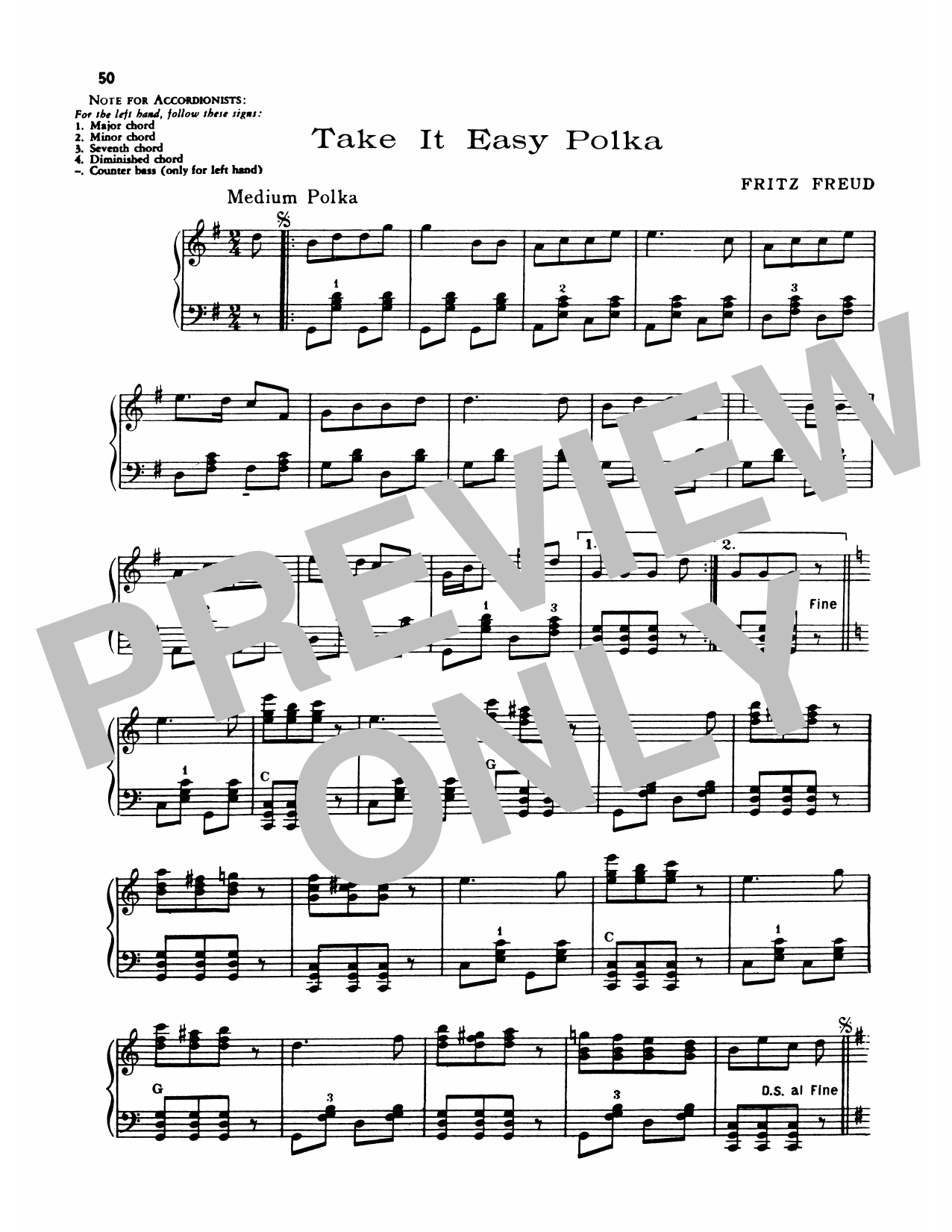 Lawrence Welk Take It Easy Polka sheet music notes and chords arranged for Piano Solo