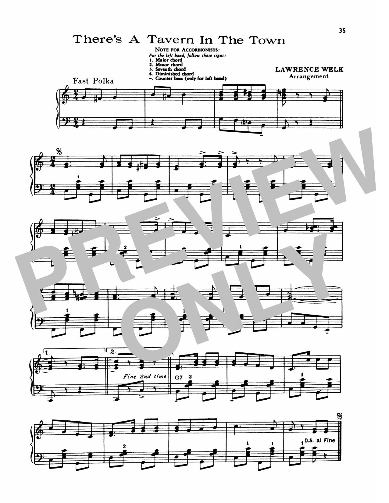 Lawrence Welk There's A Tavern In The Town sheet music notes and chords arranged for Piano Solo