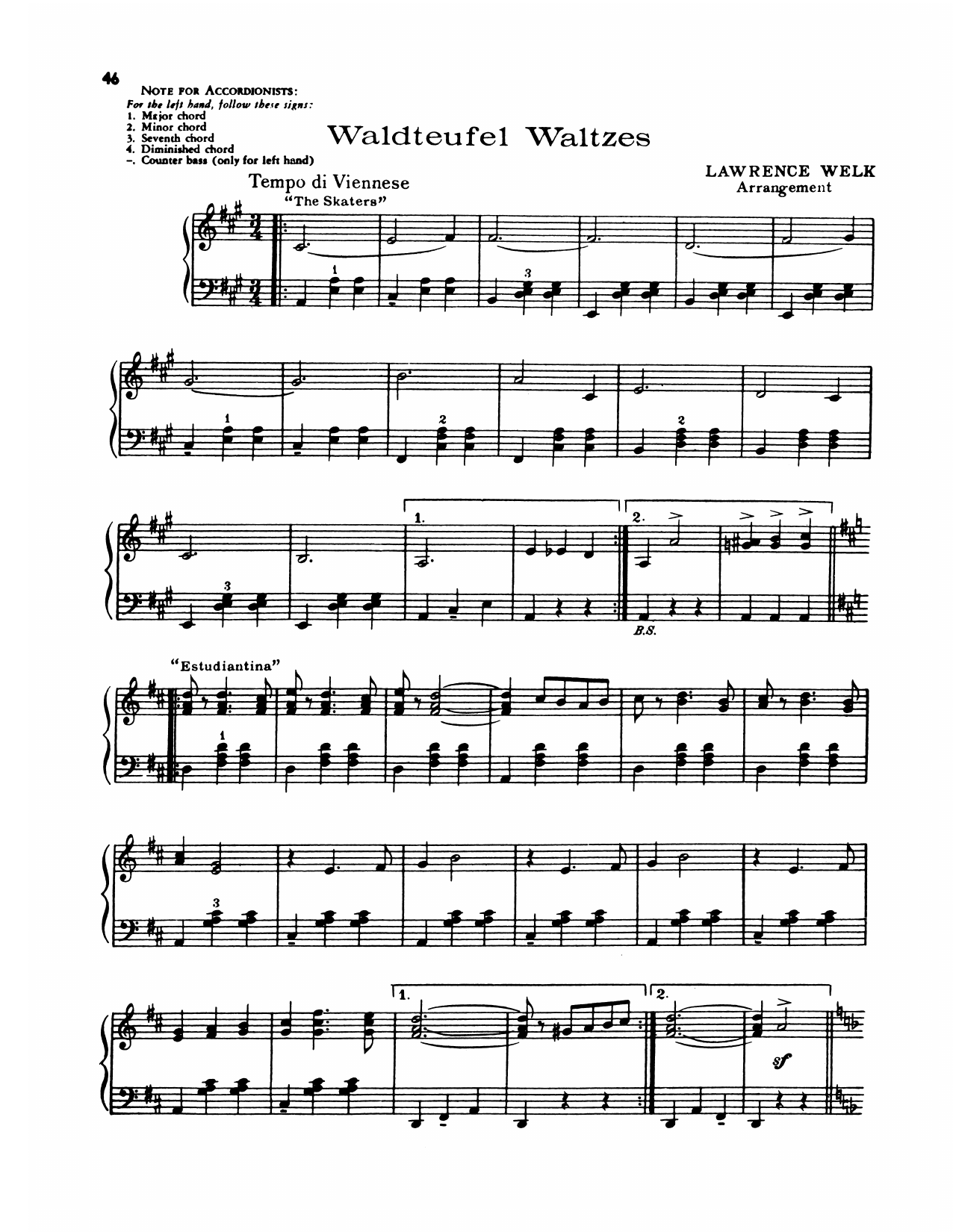 Lawrence Welk Waldteufel Waltzes sheet music notes and chords arranged for Piano Solo