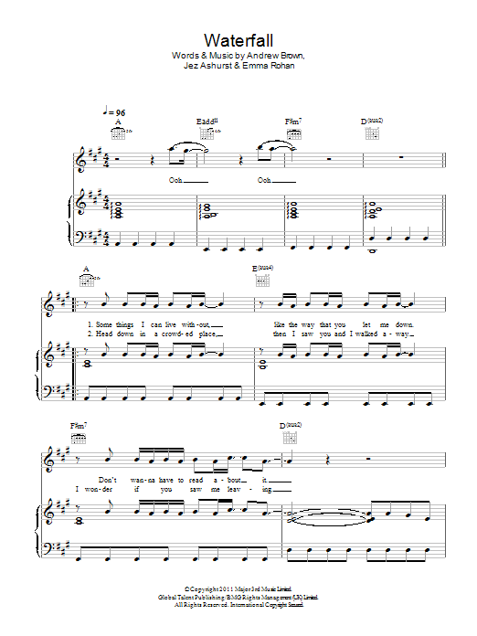 LAWSON Waterfall sheet music notes and chords arranged for Piano, Vocal & Guitar Chords
