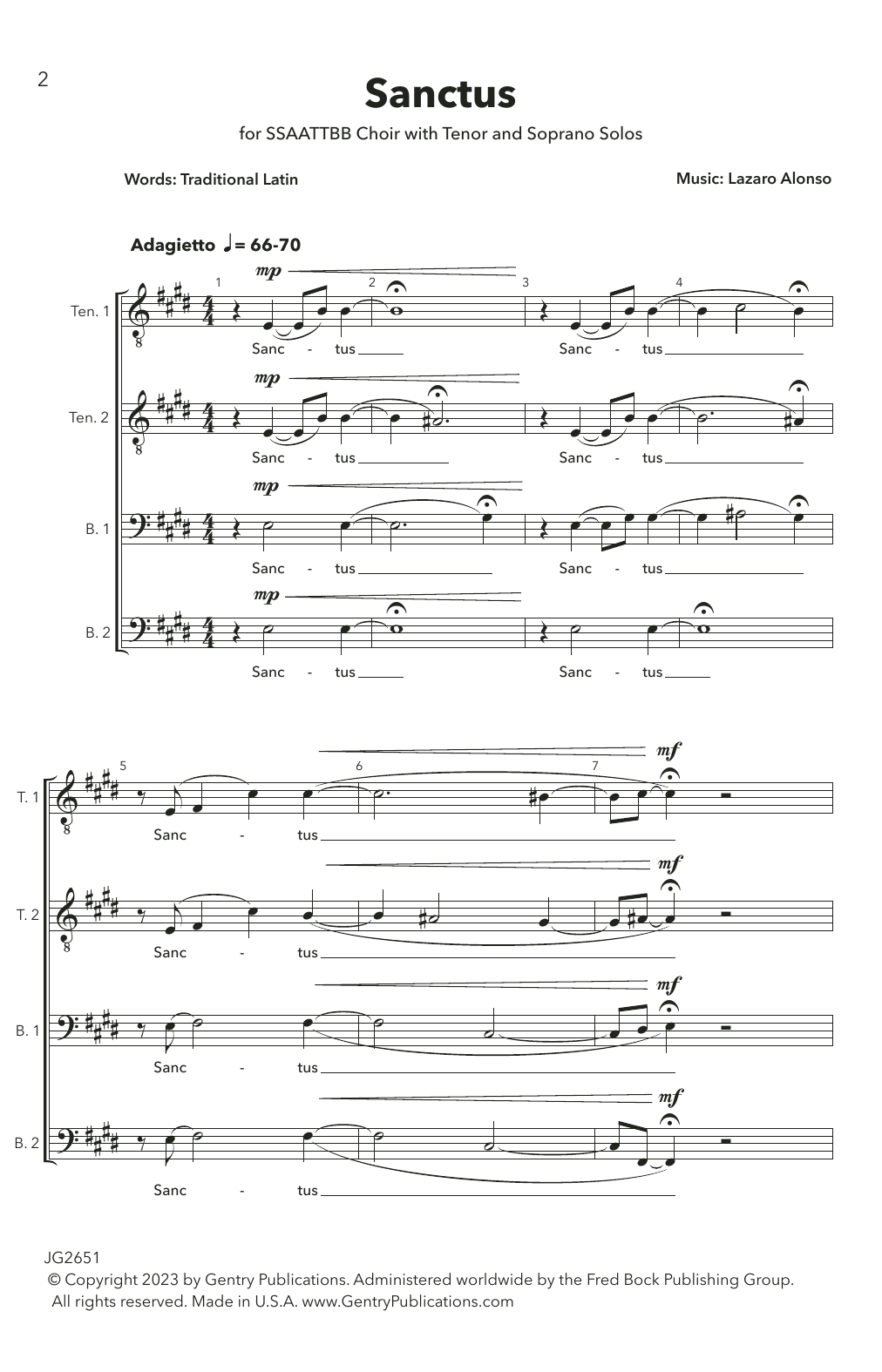 Lazaro Alonso Sanctus sheet music notes and chords arranged for Choir