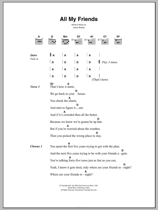 LCD Soundsystem All My Friends sheet music notes and chords arranged for Guitar Chords/Lyrics