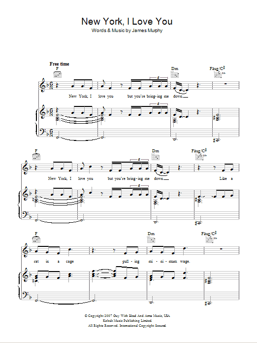 LCD Soundsystem New York, I Love You But You're Bringing Me Down sheet music notes and chords arranged for Piano, Vocal & Guitar Chords