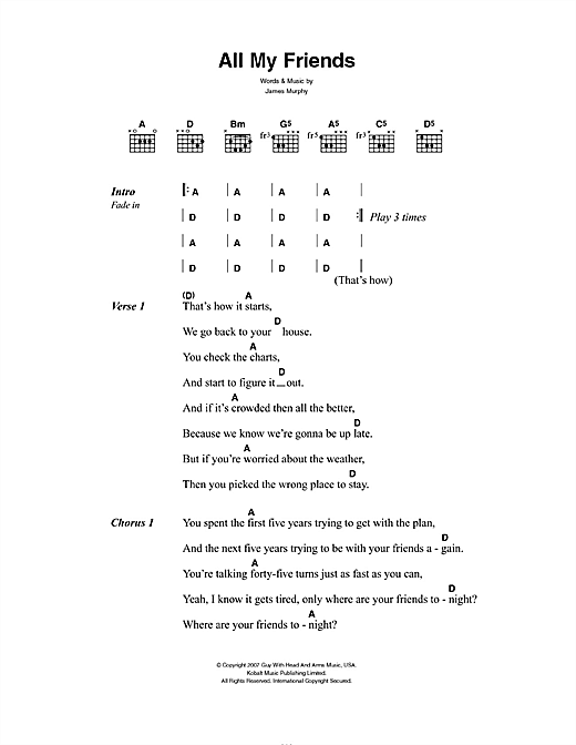 LCD Soundsystem All My Friends sheet music notes and chords arranged for Guitar Chords/Lyrics
