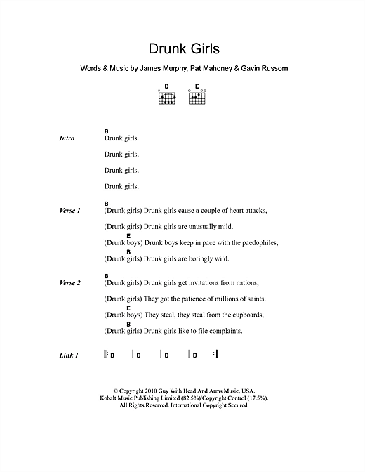 LCD Soundsystem Drunk Girls sheet music notes and chords arranged for Guitar Chords/Lyrics