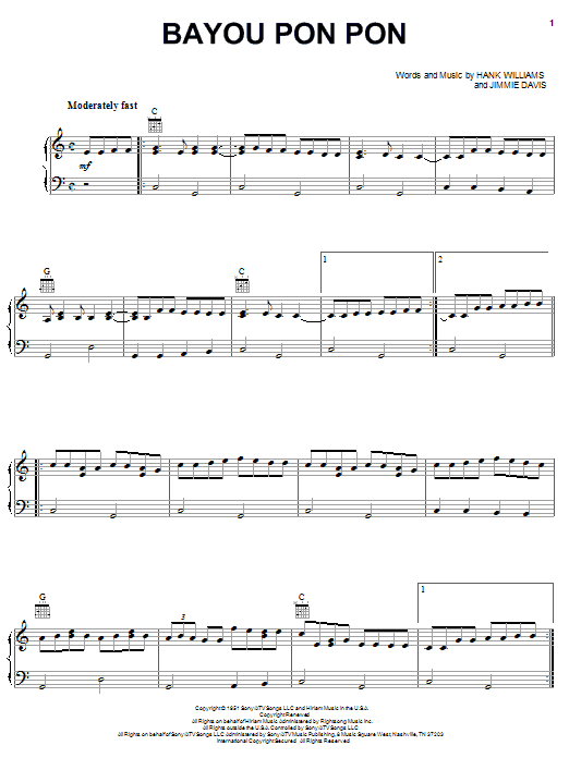 Le Trio Cadien Bayou Pon Pon sheet music notes and chords arranged for Piano, Vocal & Guitar Chords (Right-Hand Melody)