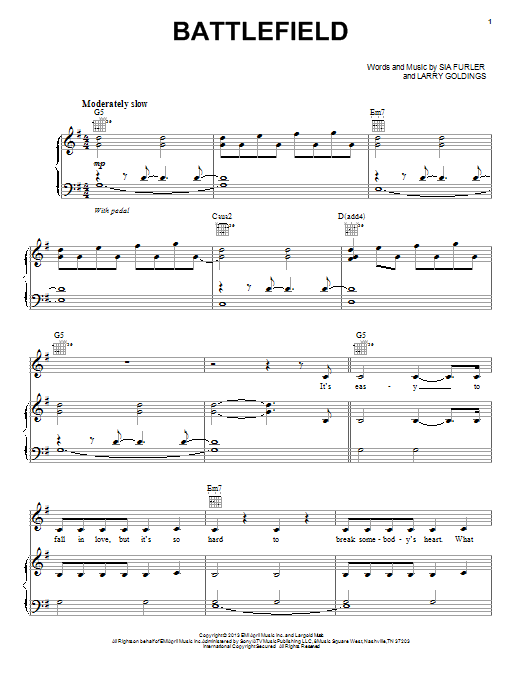 Lea Michele Battlefield sheet music notes and chords arranged for Piano, Vocal & Guitar Chords (Right-Hand Melody)