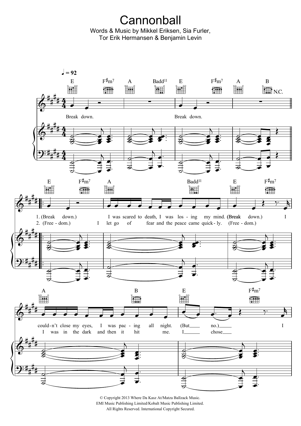 Lea Michele Cannonball sheet music notes and chords arranged for Piano, Vocal & Guitar Chords (Right-Hand Melody)