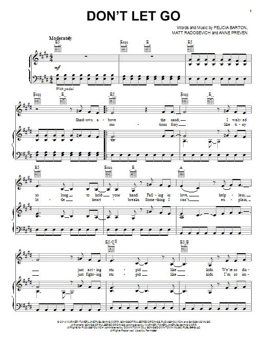 Lea Michele Don't Let Go sheet music notes and chords arranged for Piano, Vocal & Guitar Chords (Right-Hand Melody)