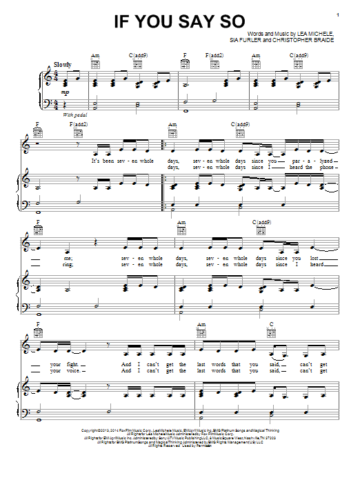 Lea Michele If You Say So sheet music notes and chords arranged for Piano, Vocal & Guitar Chords (Right-Hand Melody)