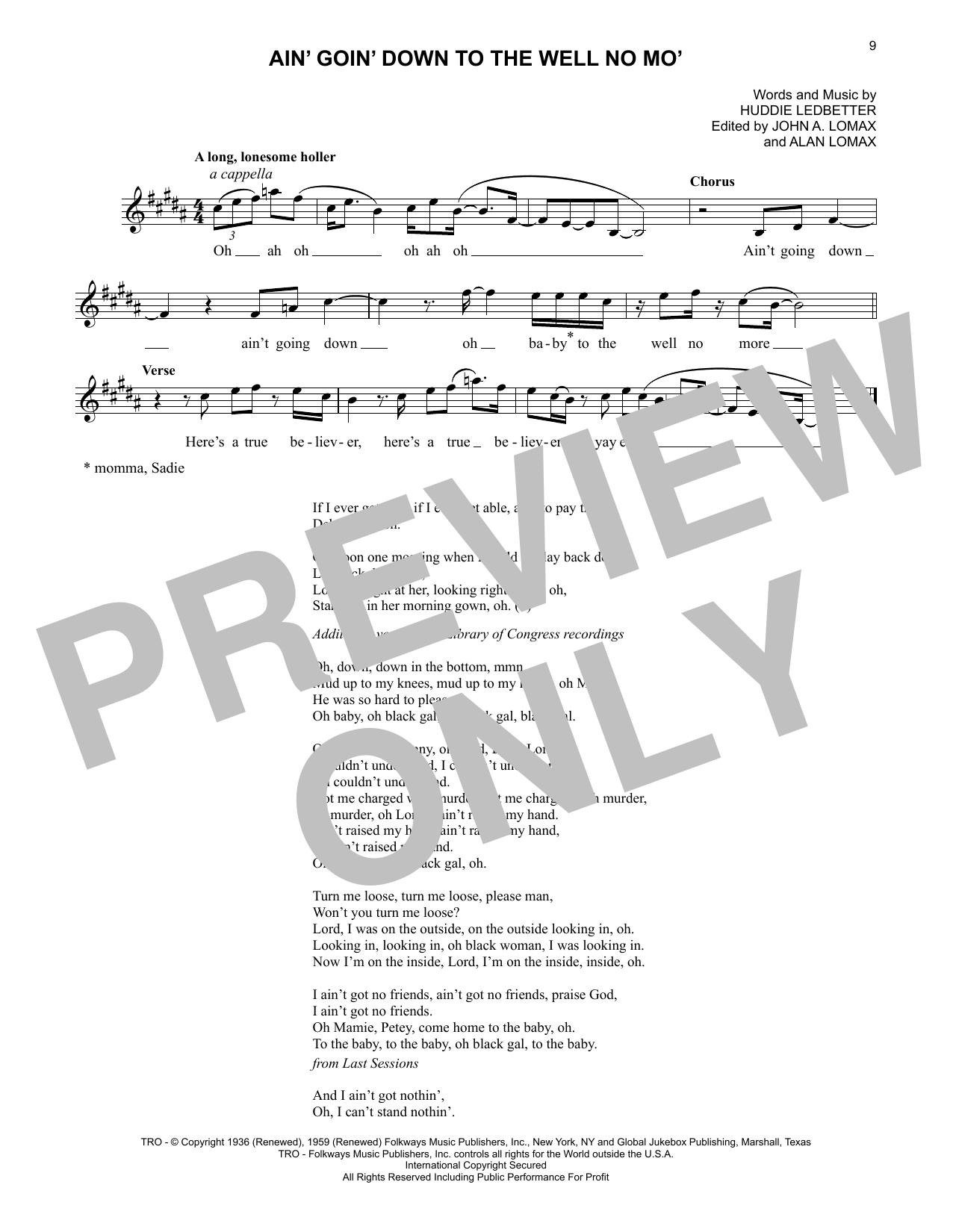 Lead Belly Ain' Goin' Down To The Well No Mo' sheet music notes and chords arranged for Lead Sheet / Fake Book