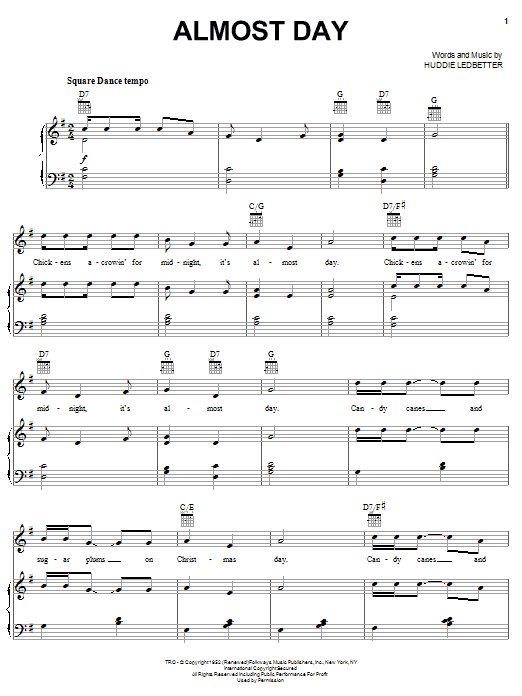 Lead Belly Almost Day sheet music notes and chords arranged for Piano, Vocal & Guitar Chords (Right-Hand Melody)