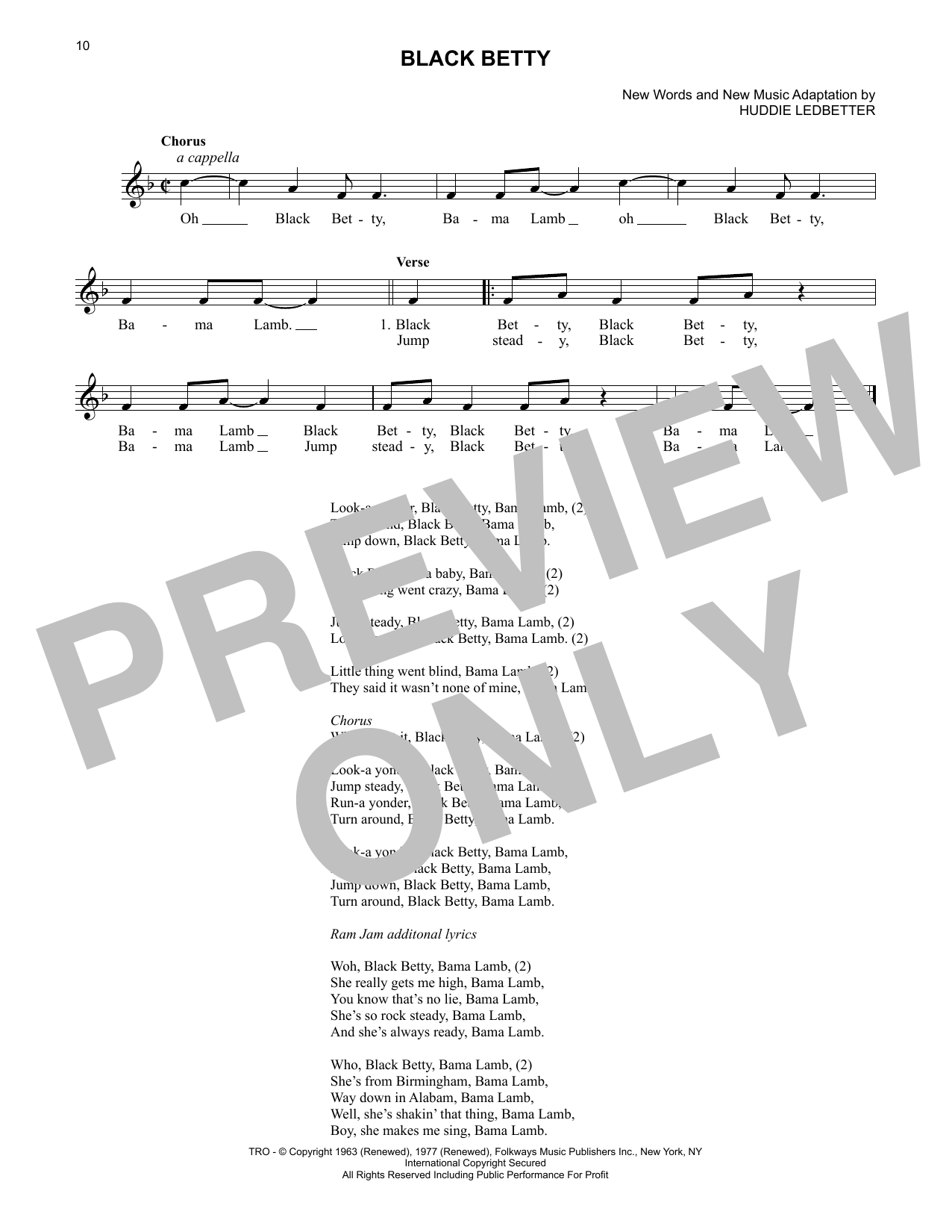Lead Belly Black Betty sheet music notes and chords arranged for Lead Sheet / Fake Book