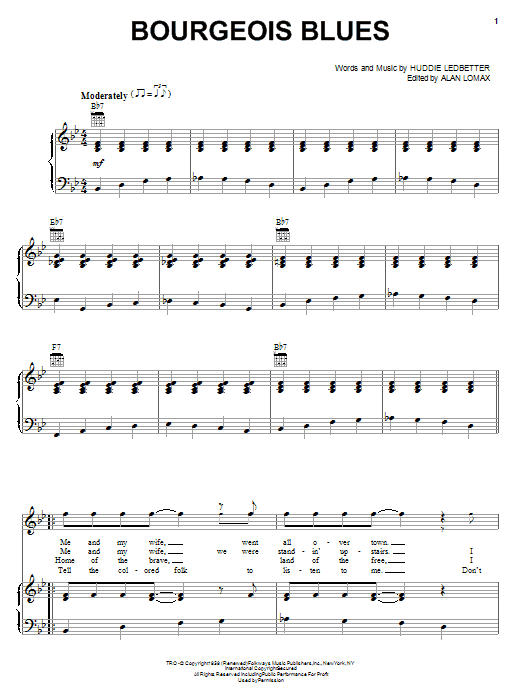Lead Belly Bourgeois Blues sheet music notes and chords arranged for Piano, Vocal & Guitar Chords (Right-Hand Melody)