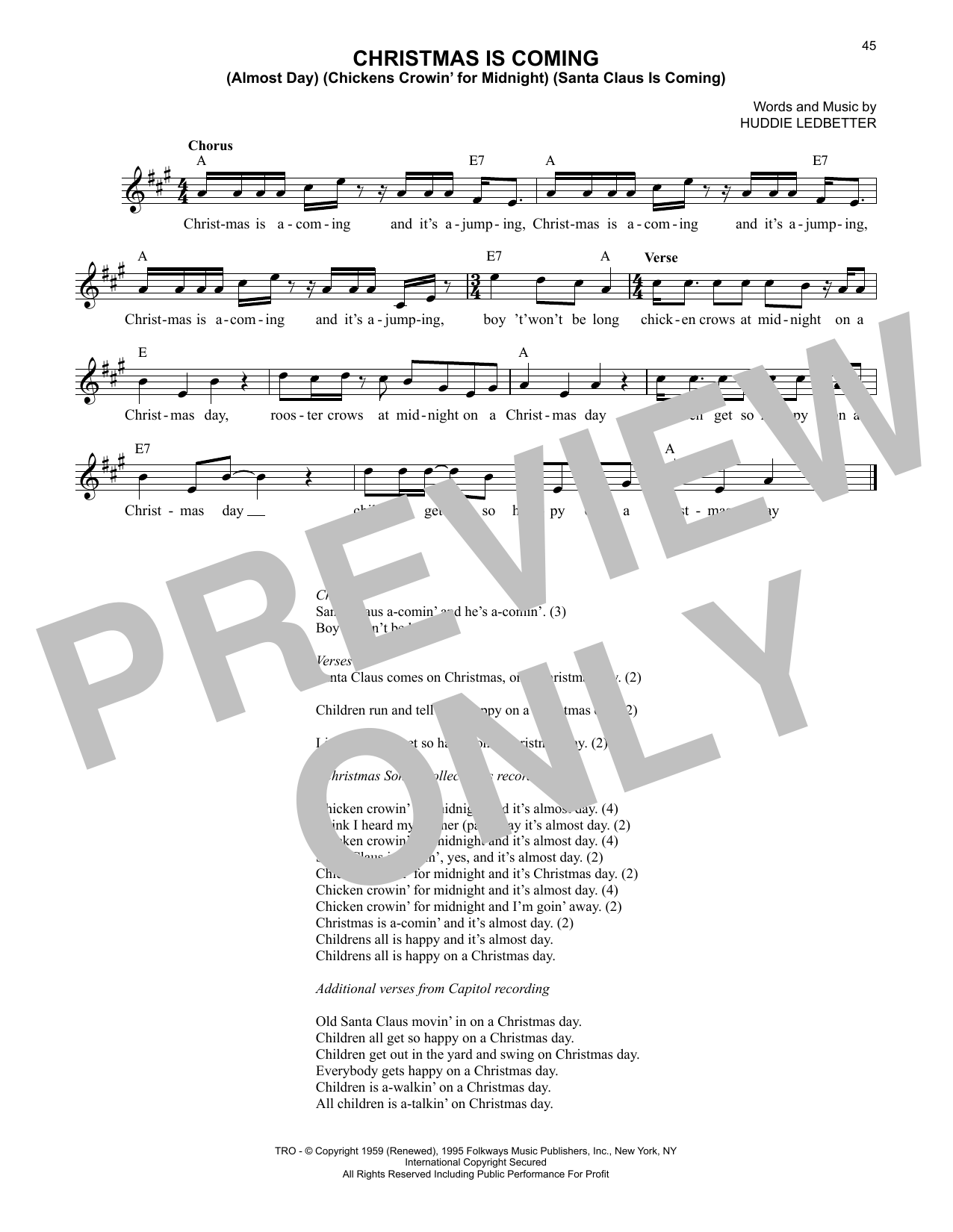 Lead Belly Christmas Is Coming (Almost Day) (Chickens Crowin' For Midnight) (Santa Claus Is Coming) sheet music notes and chords arranged for Lead Sheet / Fake Book