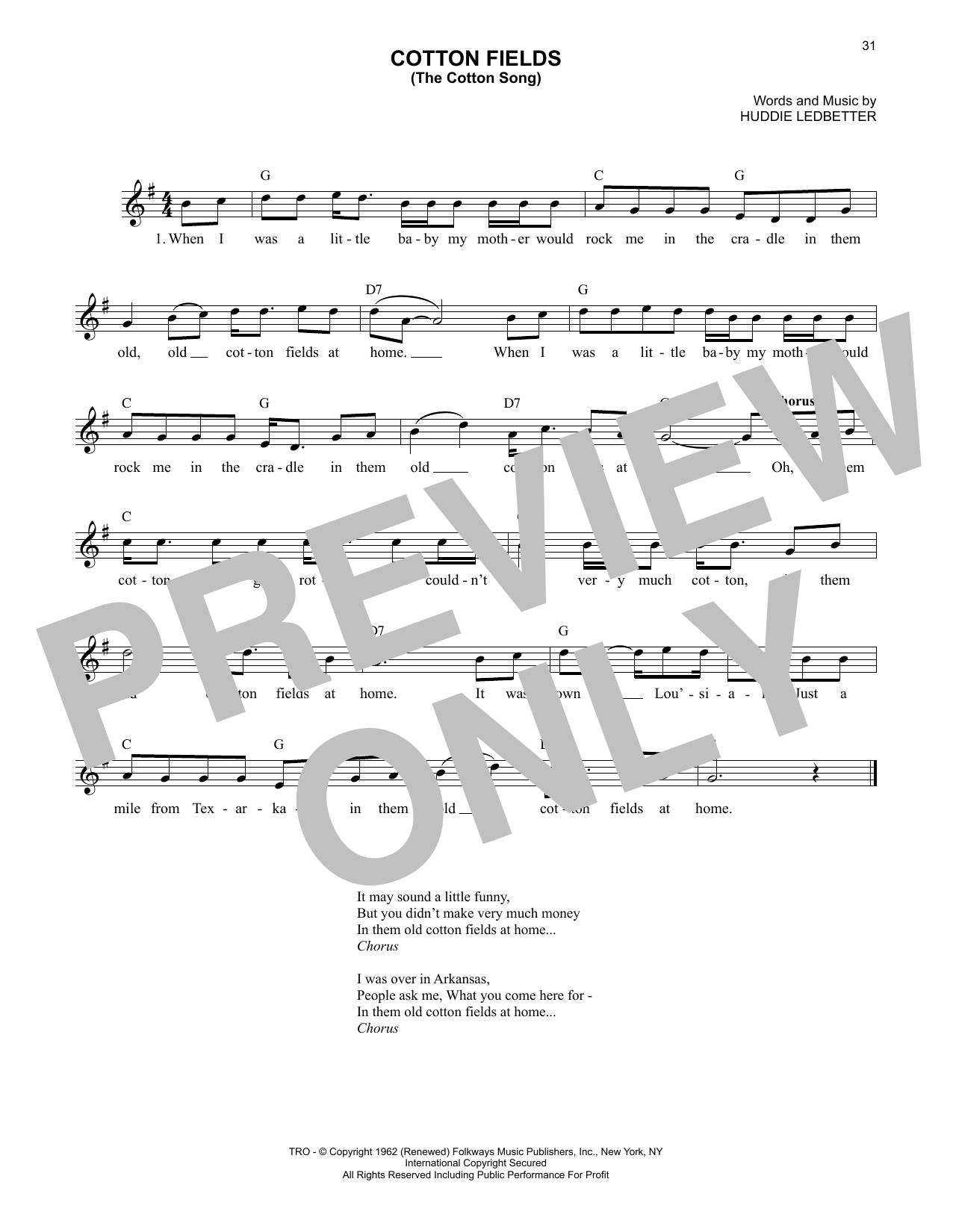 Lead Belly Cotton Fields (The Cotton Song) sheet music notes and chords arranged for Lead Sheet / Fake Book