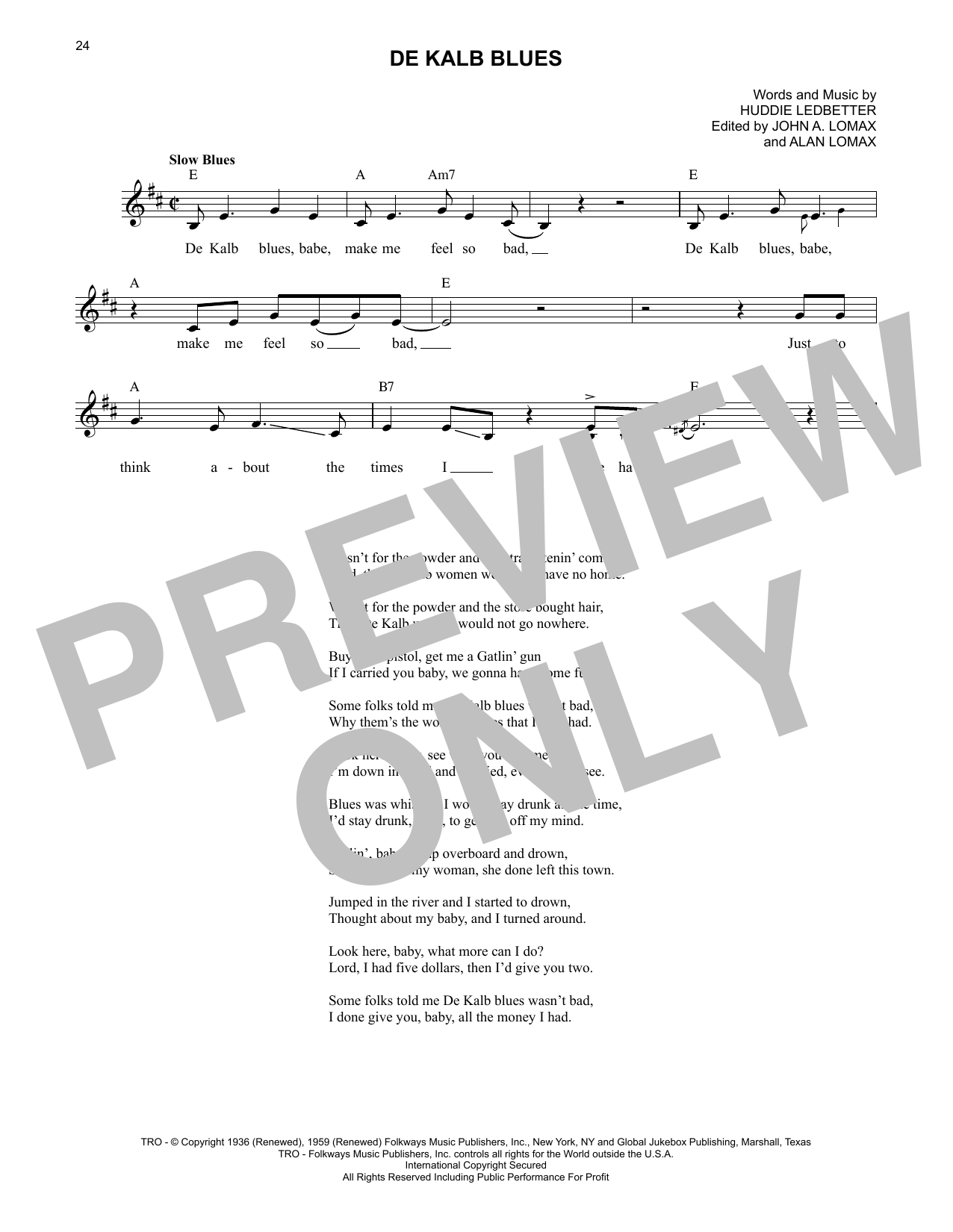 Lead Belly De Kalb Blues sheet music notes and chords arranged for Lead Sheet / Fake Book