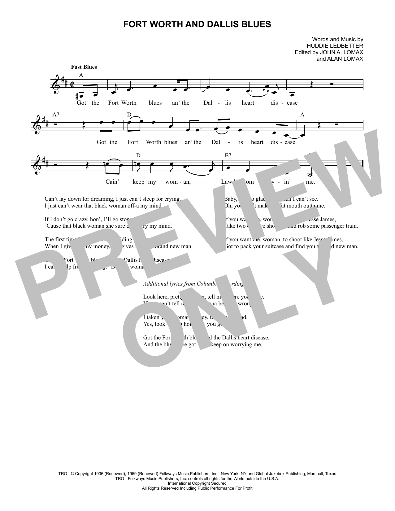 Lead Belly Fort Worth And Dallis Blues sheet music notes and chords arranged for Lead Sheet / Fake Book