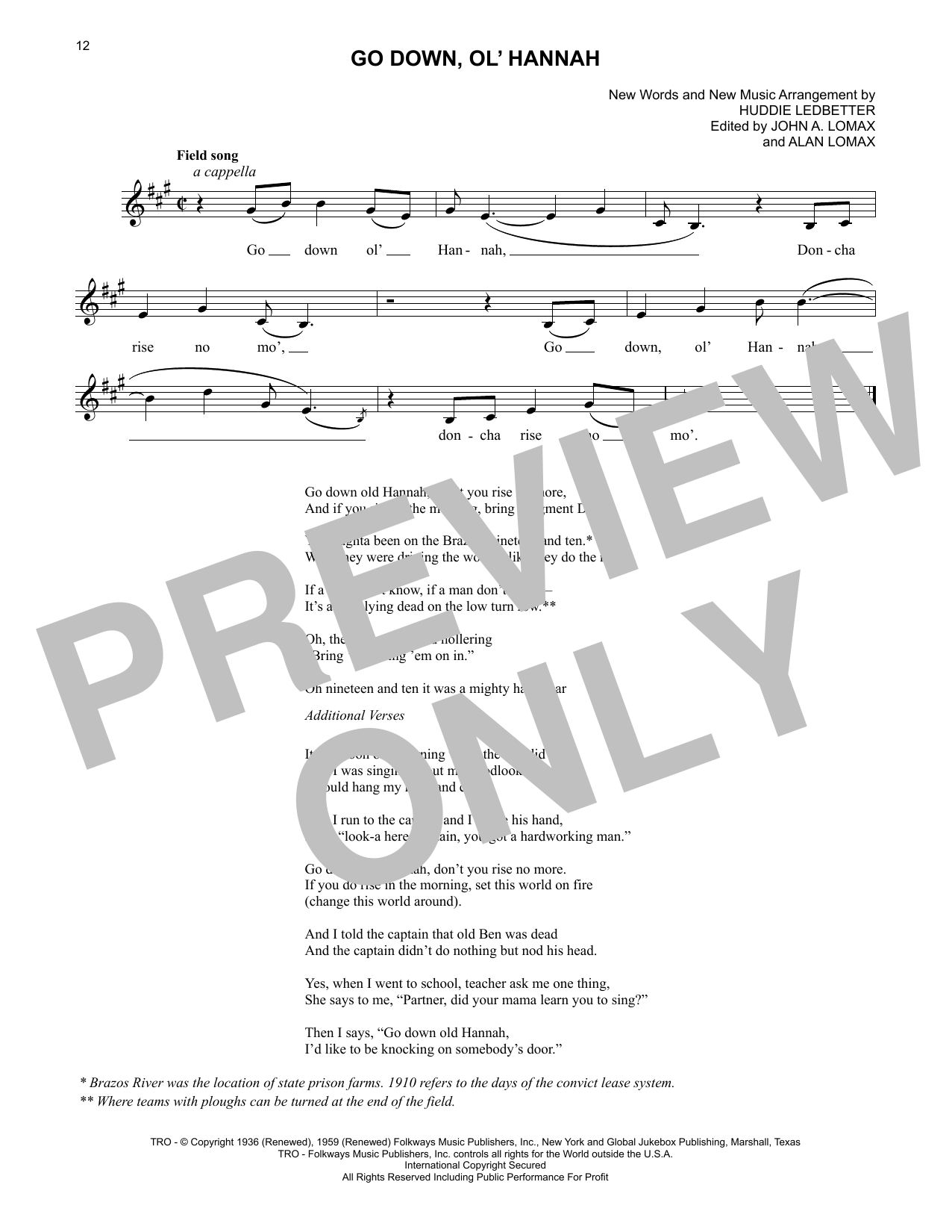 Lead Belly Go Down, Ol' Hannah sheet music notes and chords arranged for Lead Sheet / Fake Book