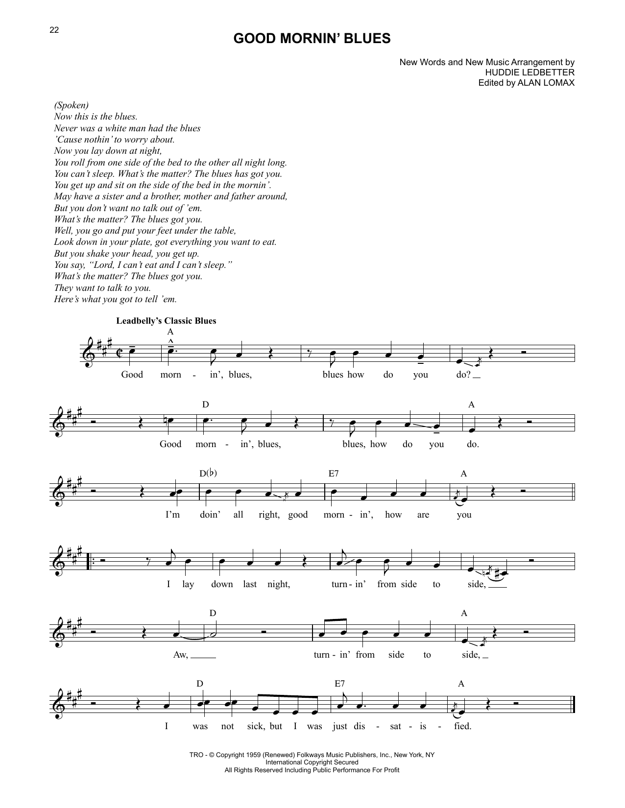 Lead Belly Good Mornin' Blues sheet music notes and chords arranged for Lead Sheet / Fake Book