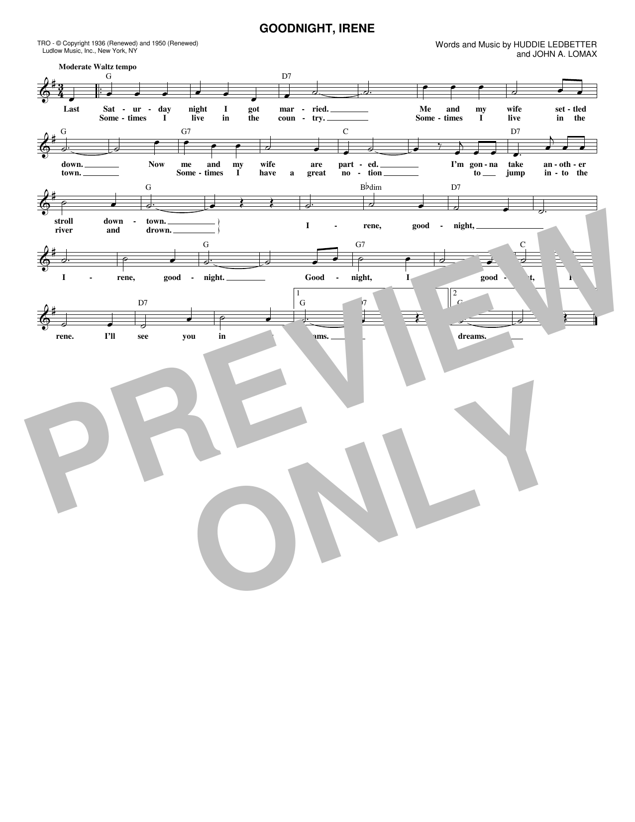 Lead Belly Goodnight, Irene sheet music notes and chords arranged for Lead Sheet / Fake Book