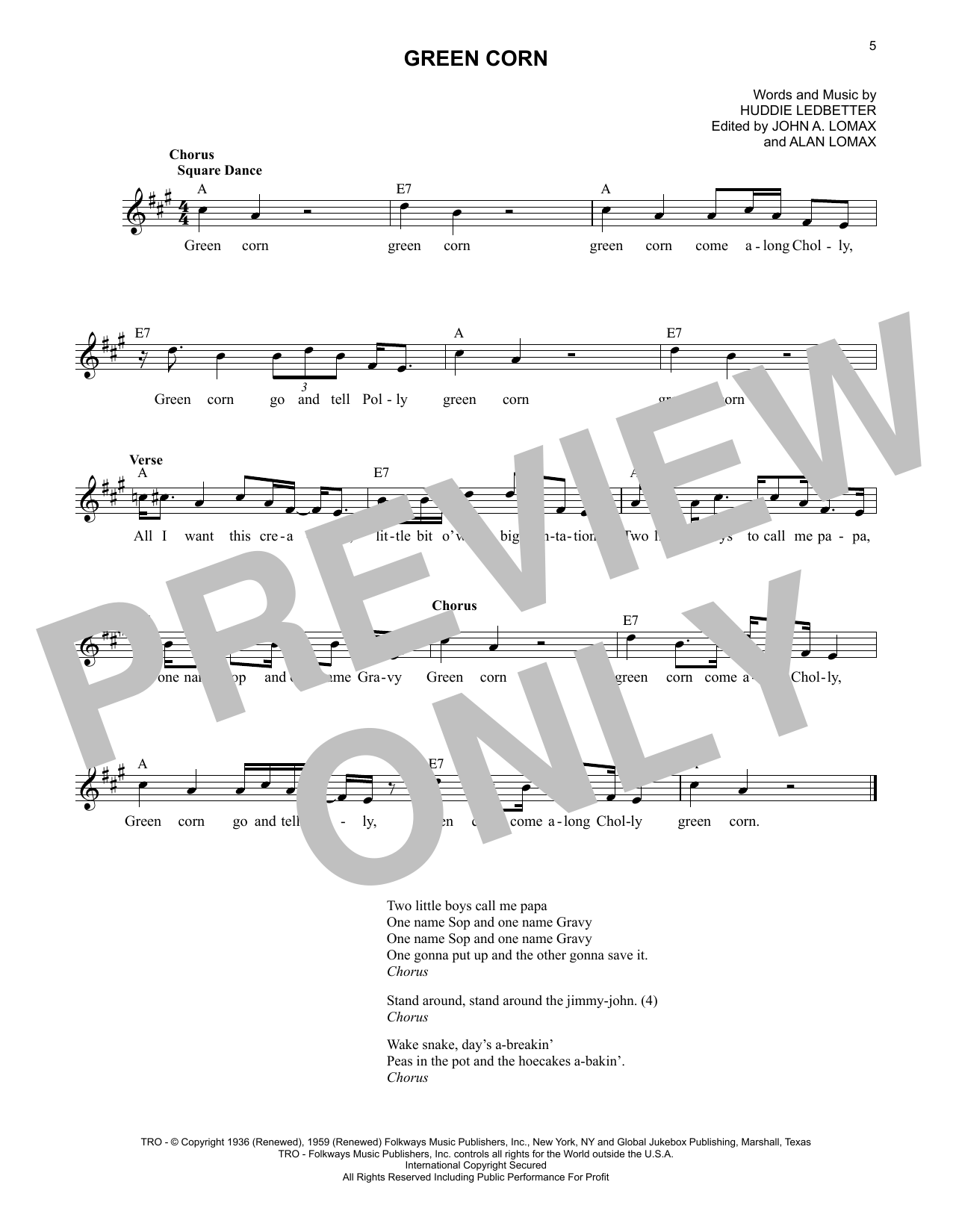 Lead Belly Green Corn sheet music notes and chords arranged for Lead Sheet / Fake Book