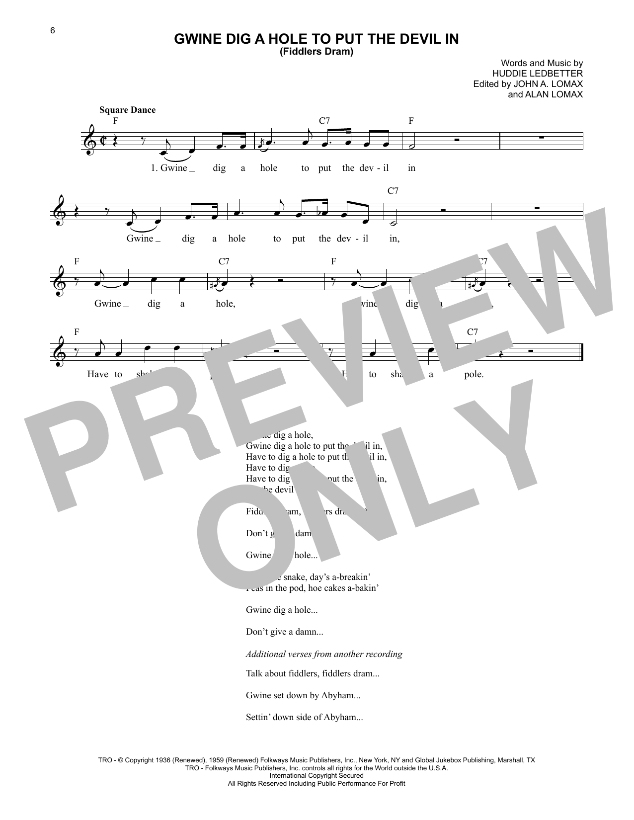 Lead Belly Gwine Dig A Hole To Put The Devil In (Fiddlers Dram) sheet music notes and chords arranged for Lead Sheet / Fake Book