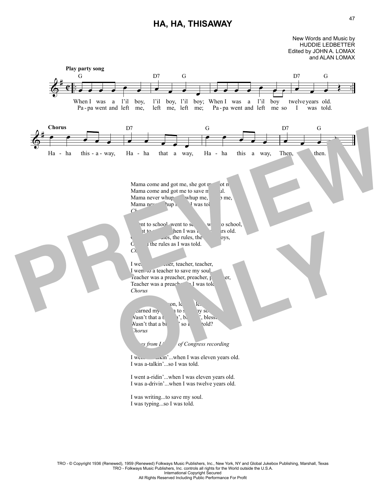 Lead Belly Ha, Ha, Thisaway sheet music notes and chords arranged for Lead Sheet / Fake Book