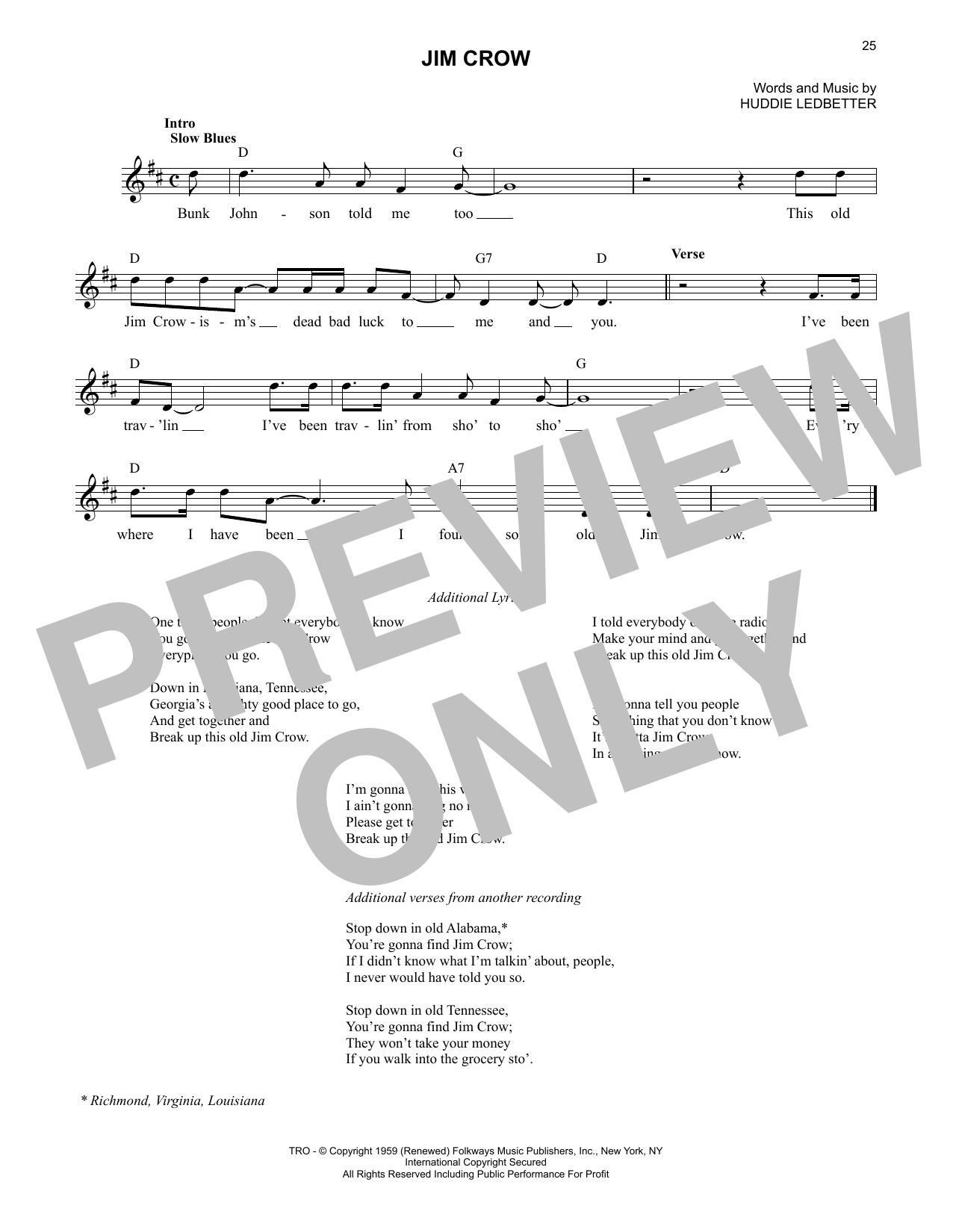 Lead Belly Jim Crow sheet music notes and chords arranged for Lead Sheet / Fake Book