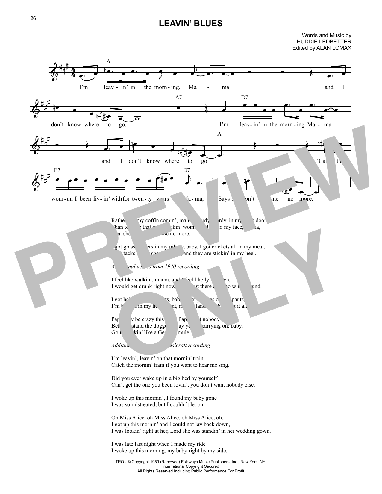Lead Belly Leavin' Blues sheet music notes and chords arranged for Lead Sheet / Fake Book