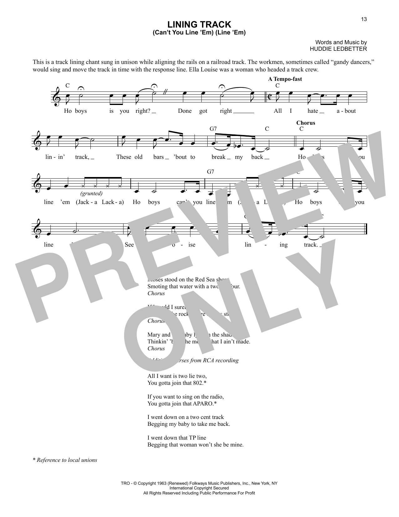 Lead Belly Lining Track (Can't You Line 'Em) (Line 'Em) sheet music notes and chords arranged for Lead Sheet / Fake Book