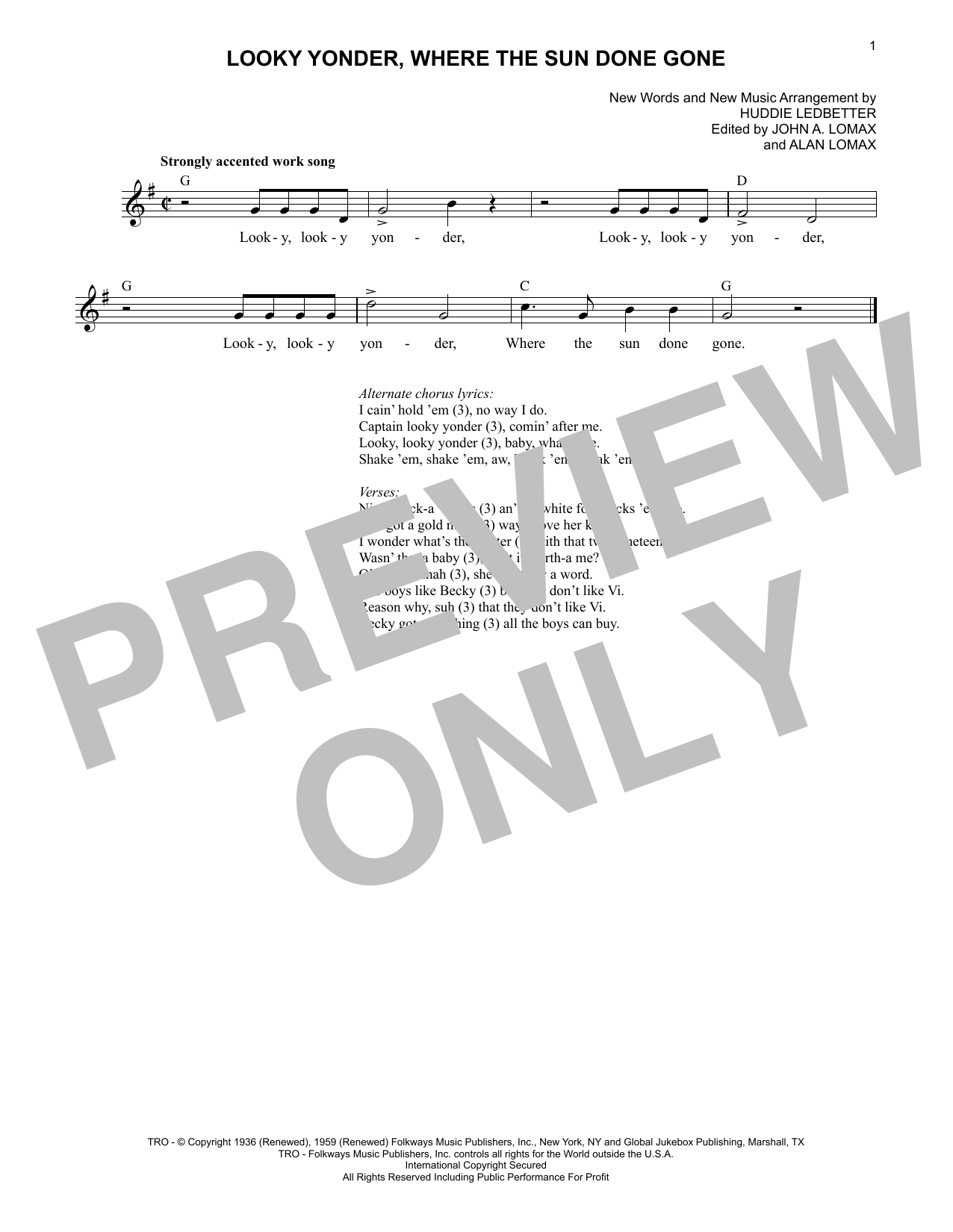 Lead Belly Looky Yonder, Where The Sun Done Gone sheet music notes and chords arranged for Lead Sheet / Fake Book