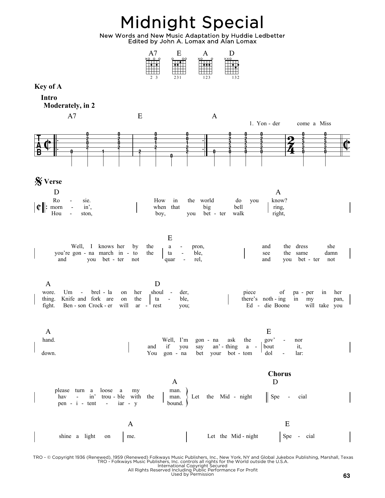 Lead Belly Midnight Special sheet music notes and chords arranged for Real Book – Melody, Lyrics & Chords