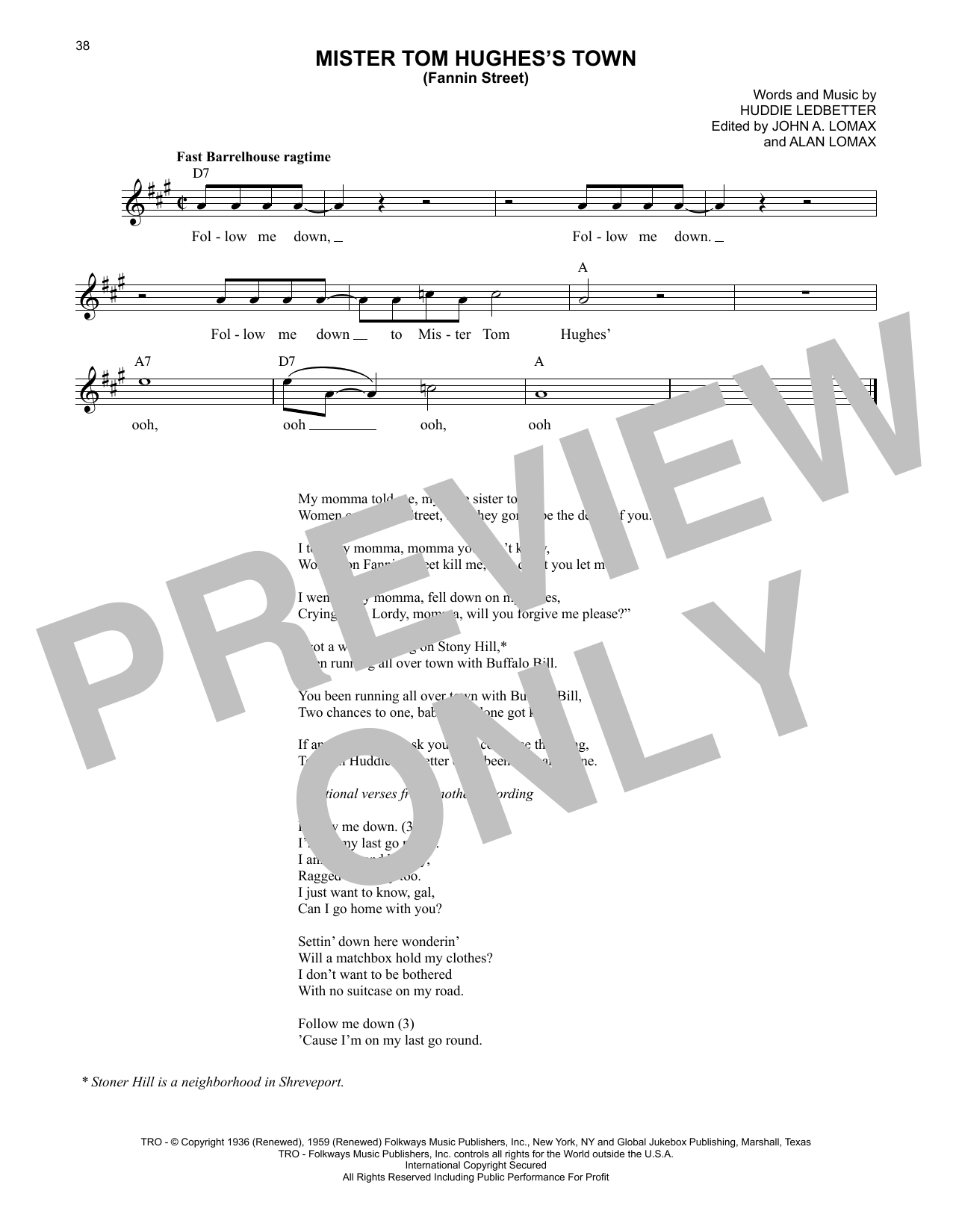 Lead Belly Mister Tom Hughes's Town (Fannin Street) sheet music notes and chords arranged for Lead Sheet / Fake Book