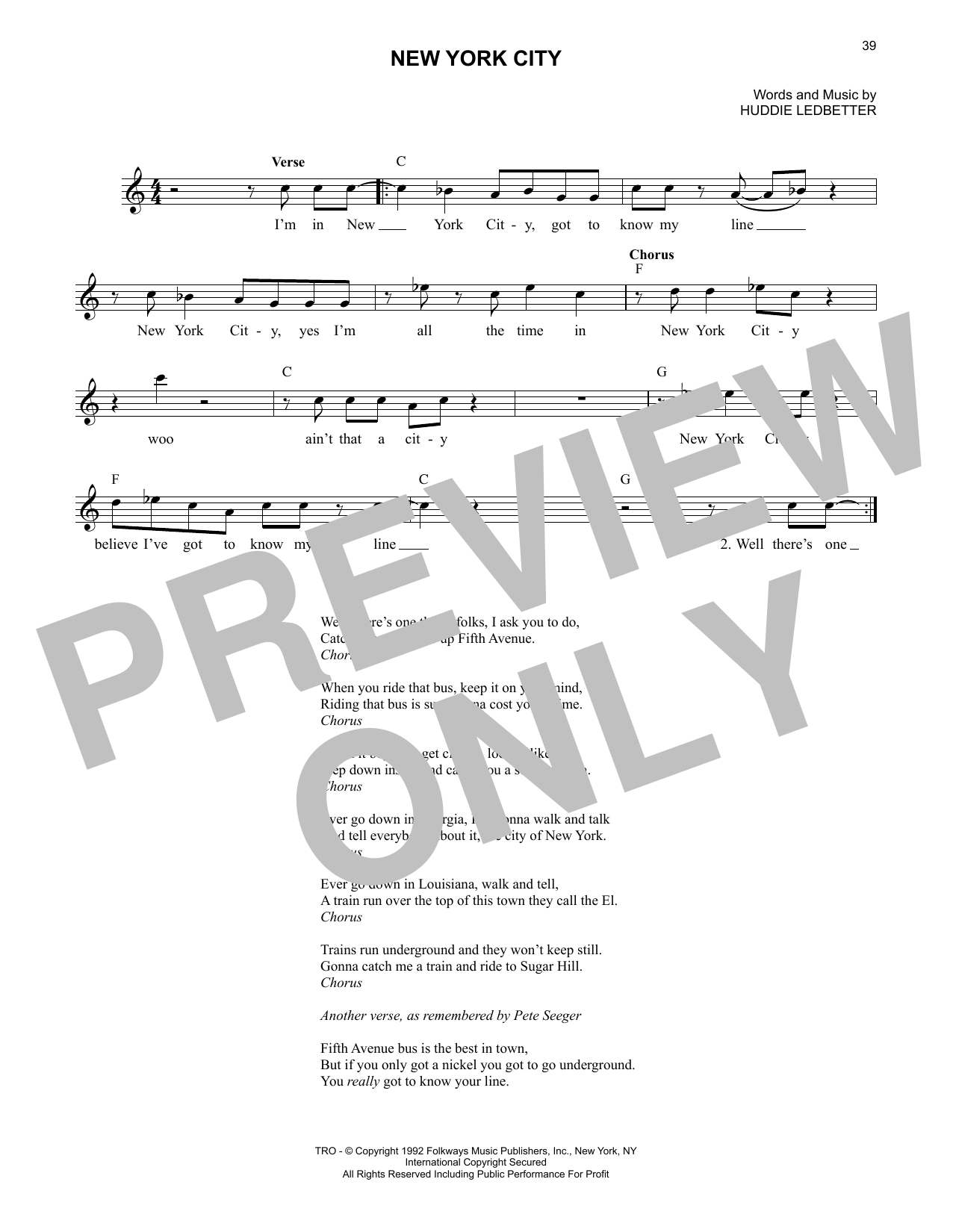 Lead Belly New York City sheet music notes and chords arranged for Lead Sheet / Fake Book