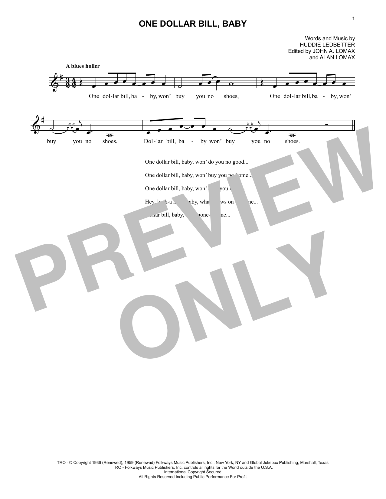Lead Belly One Dollar Bill, Baby sheet music notes and chords arranged for Lead Sheet / Fake Book