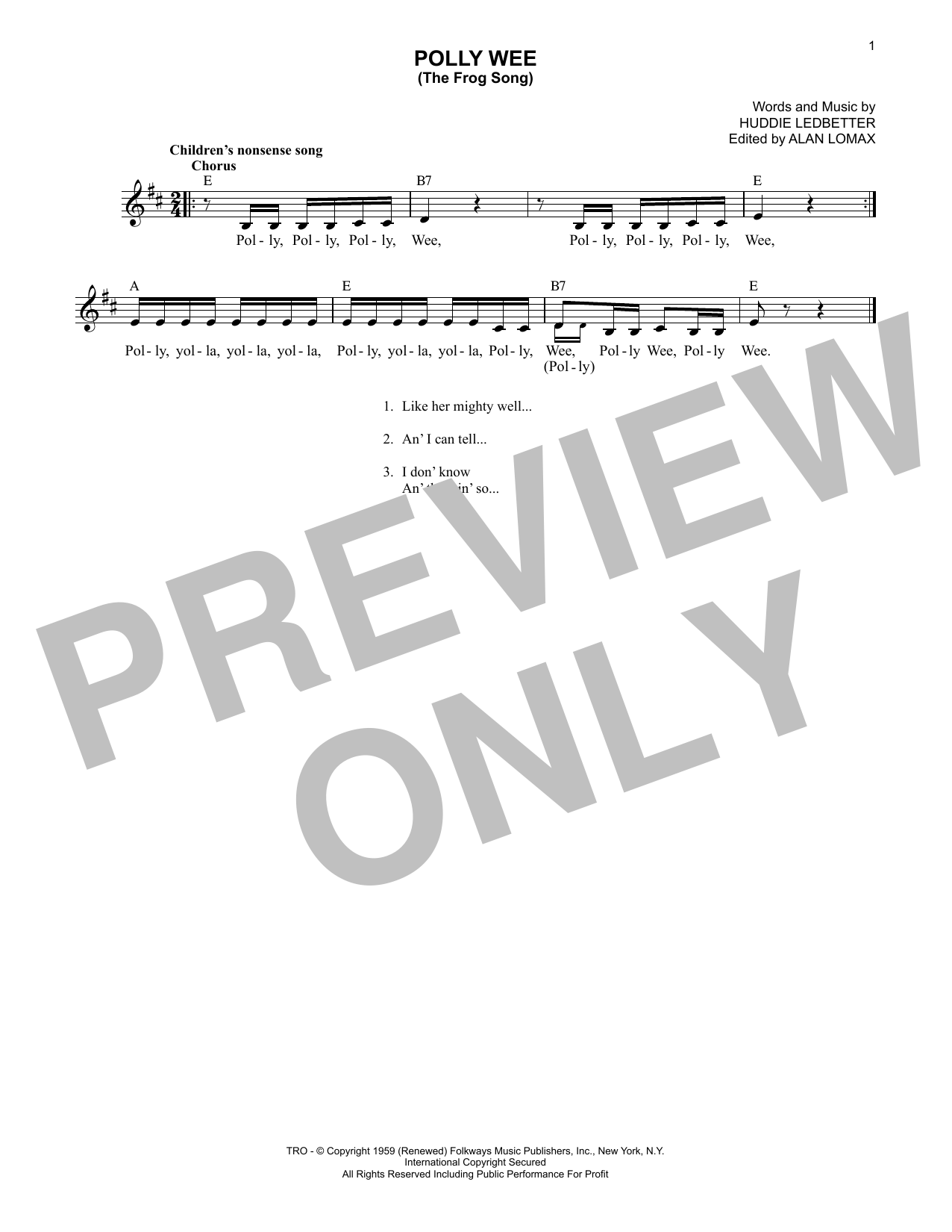 Lead Belly Polly Wee (The Frog Song) sheet music notes and chords arranged for Lead Sheet / Fake Book