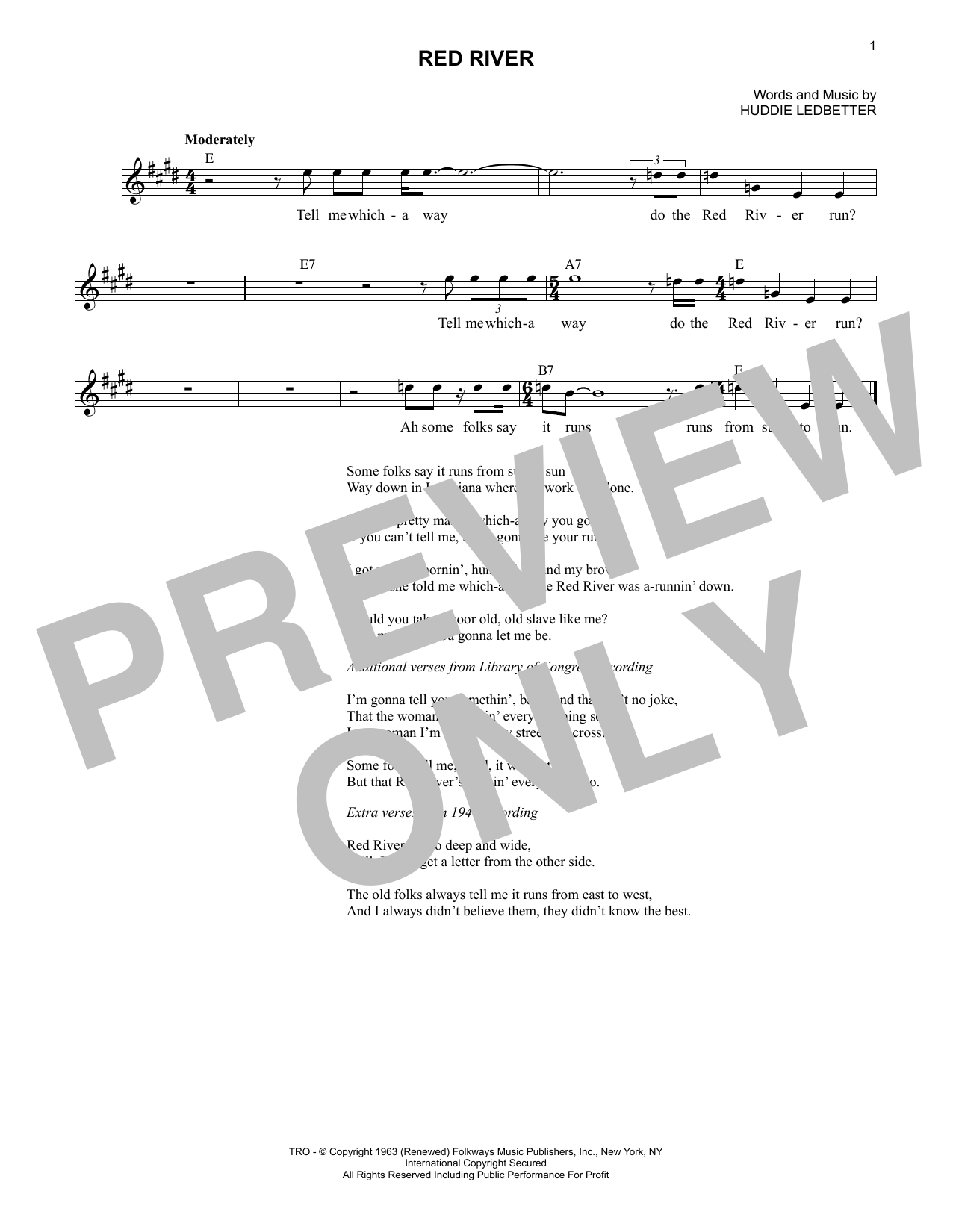 Lead Belly Red River sheet music notes and chords arranged for Lead Sheet / Fake Book