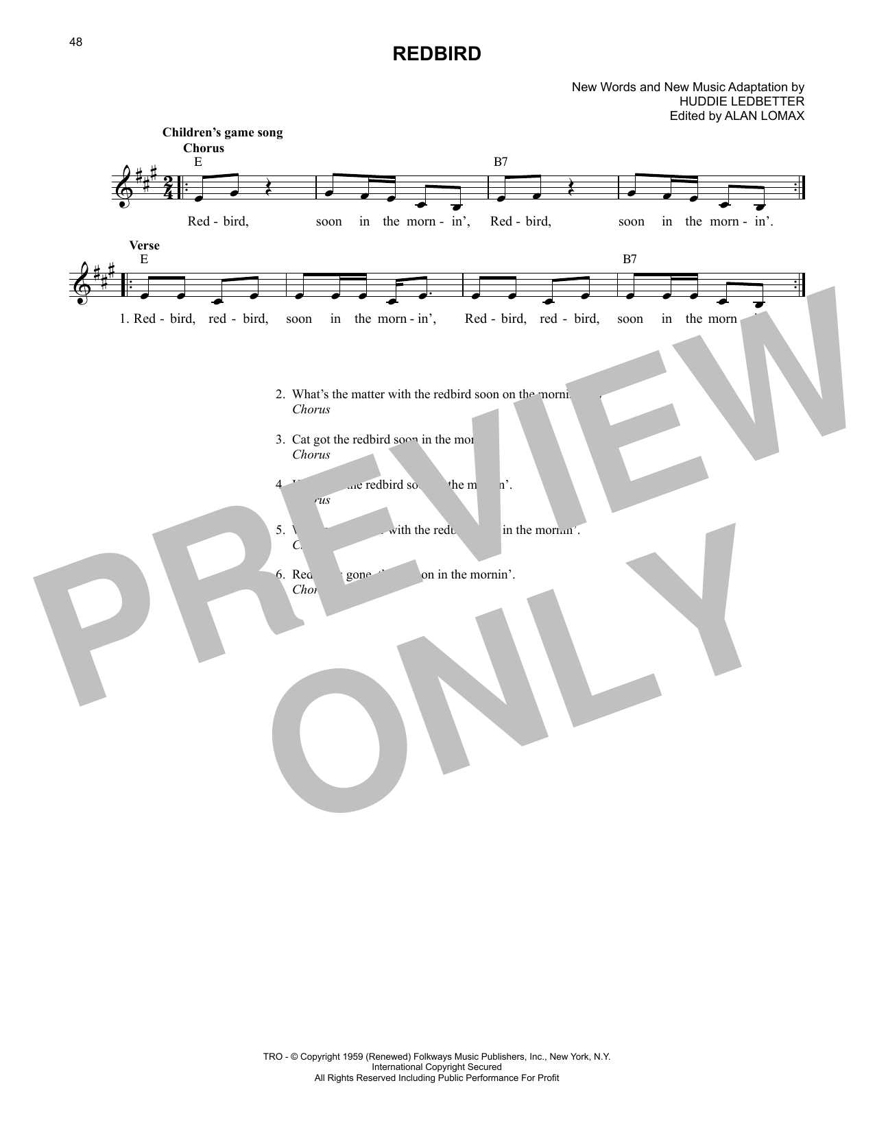 Lead Belly Redbird sheet music notes and chords arranged for Lead Sheet / Fake Book