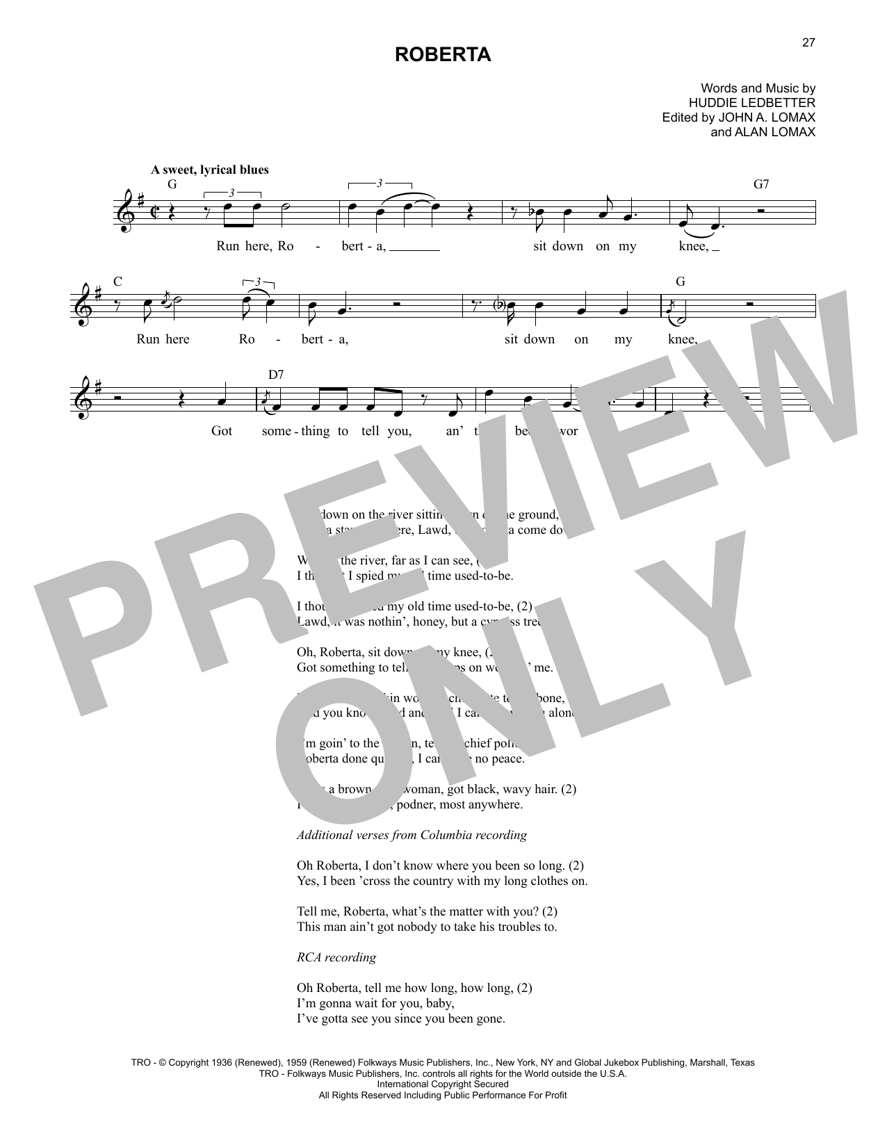 Lead Belly Roberta sheet music notes and chords arranged for Lead Sheet / Fake Book