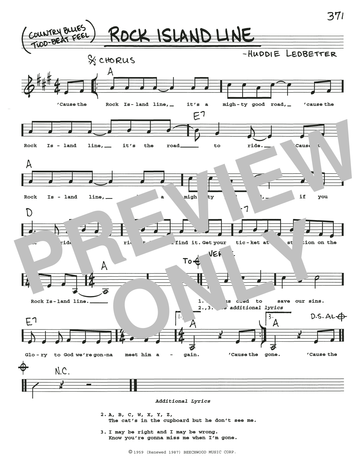 Lead Belly Rock Island Line sheet music notes and chords arranged for Real Book – Melody, Lyrics & Chords