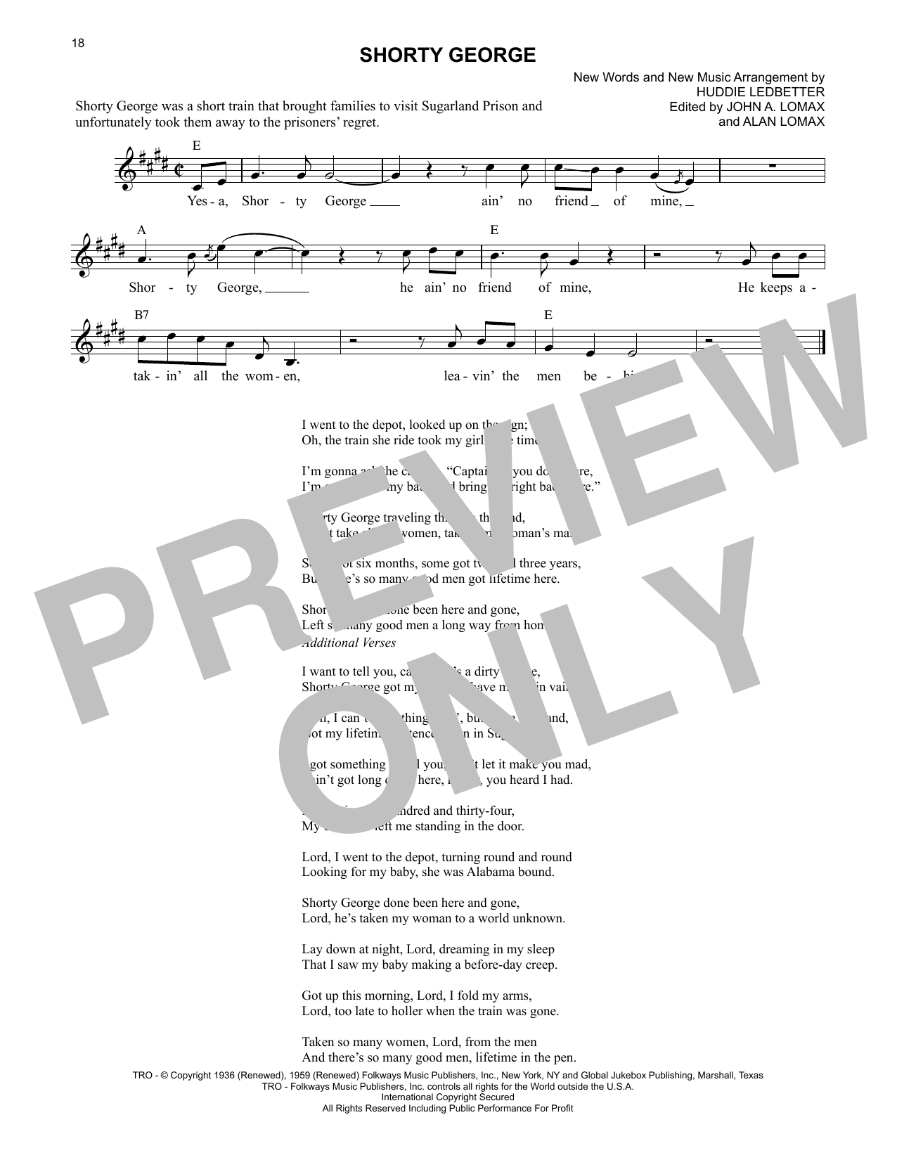 Lead Belly Shorty George sheet music notes and chords arranged for Lead Sheet / Fake Book