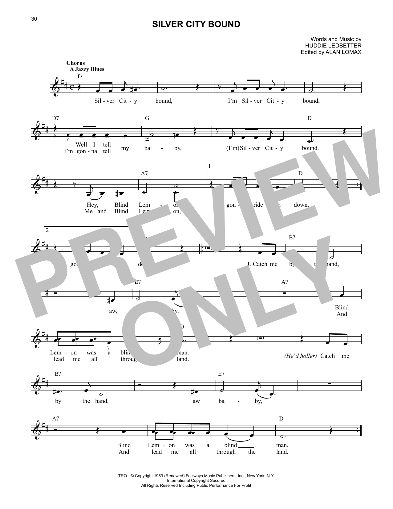 Lead Belly Silver City Bound sheet music notes and chords arranged for Lead Sheet / Fake Book