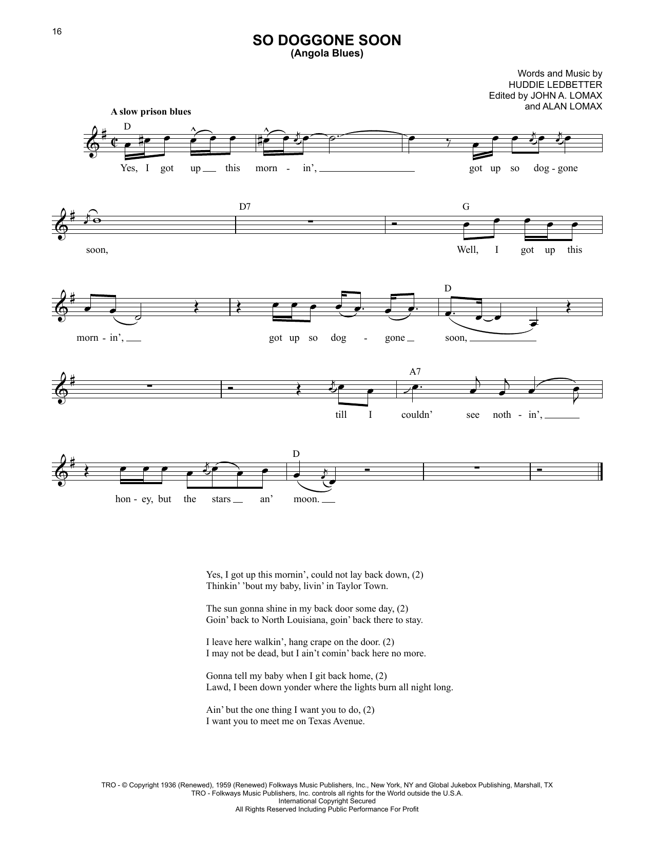 Lead Belly So Doggone Soon (Angola Blues) sheet music notes and chords arranged for Lead Sheet / Fake Book