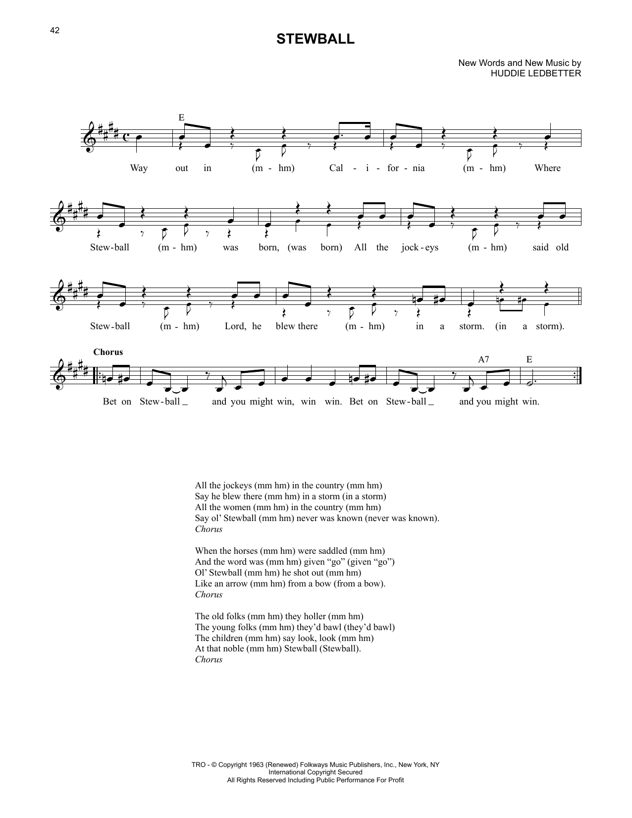 Lead Belly Stewball sheet music notes and chords arranged for Lead Sheet / Fake Book