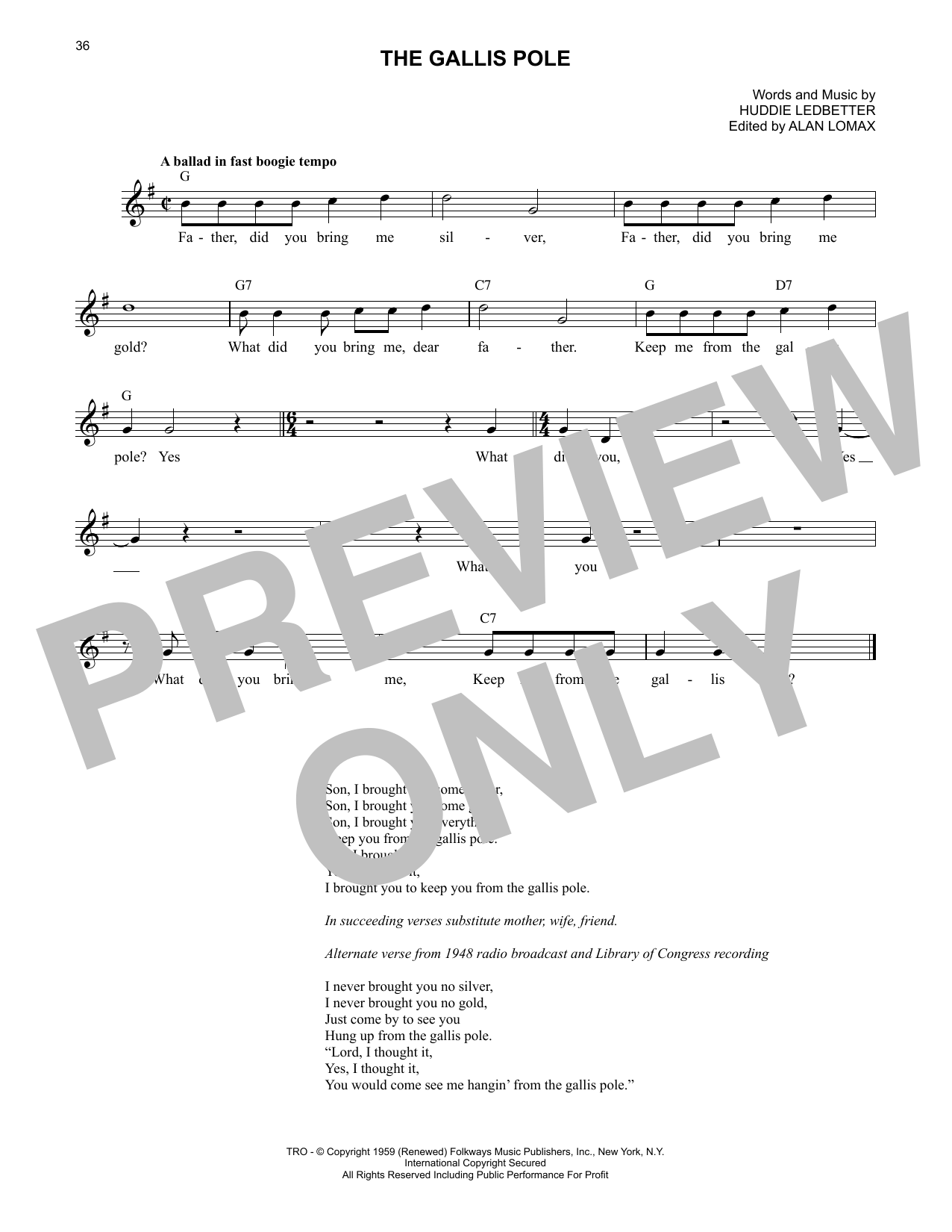 Lead Belly The Gallis Pole sheet music notes and chords arranged for Lead Sheet / Fake Book
