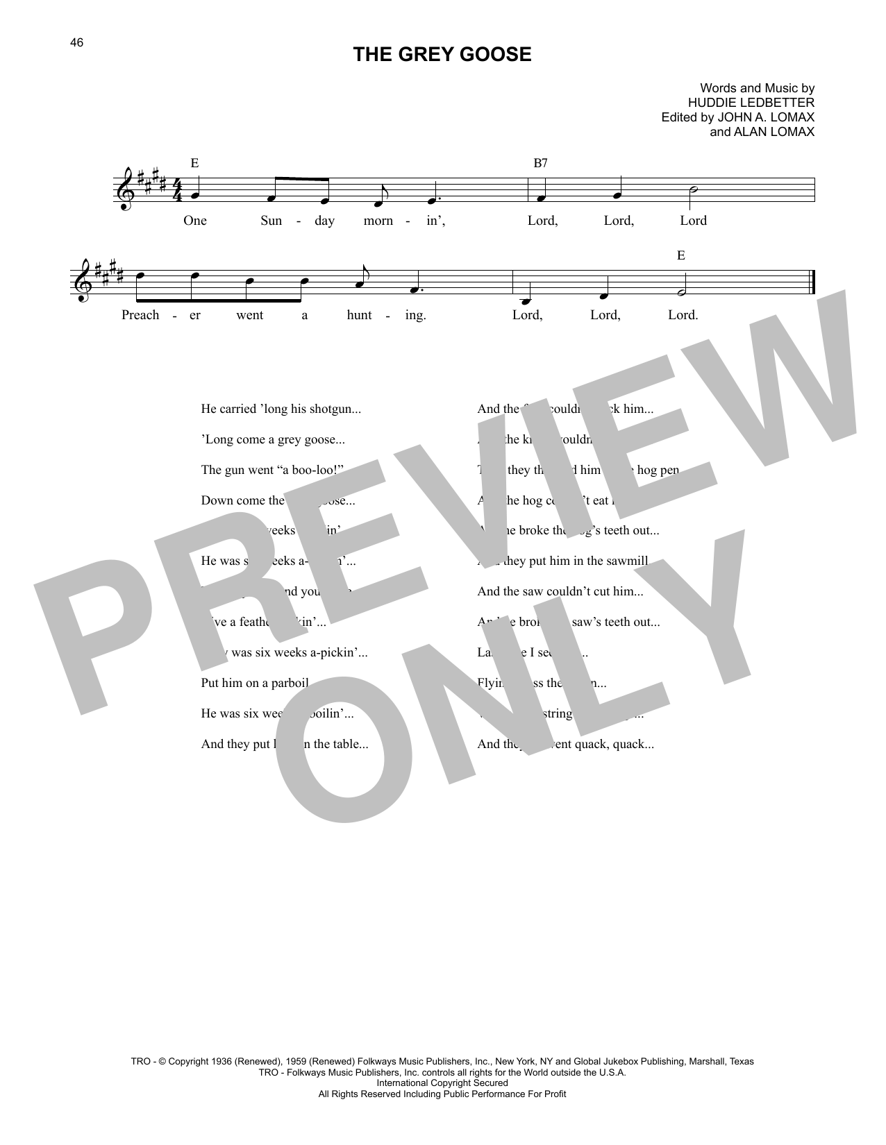 Lead Belly The Grey Goose sheet music notes and chords arranged for Lead Sheet / Fake Book