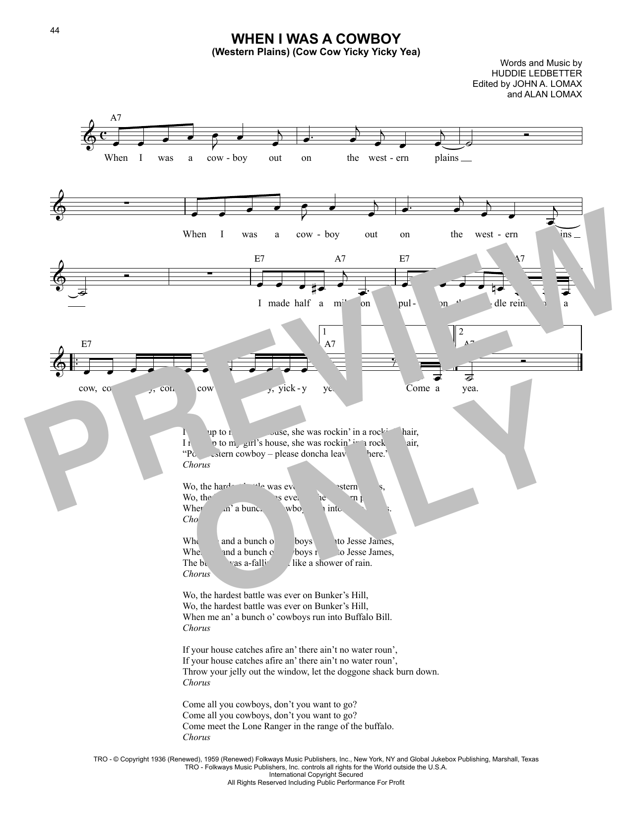 Lead Belly When I Was A Cowboy (Western Plains) (Cow Cow Yicky Yicky Yea) sheet music notes and chords arranged for Lead Sheet / Fake Book